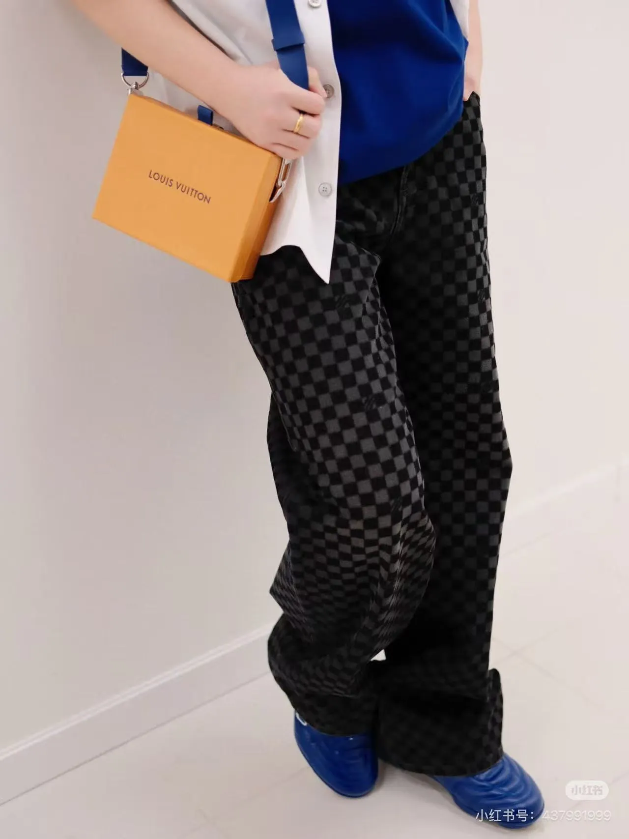 Louis Vuitton/Louis Vuitton mosaic flocking checkerboard patchwork jeans